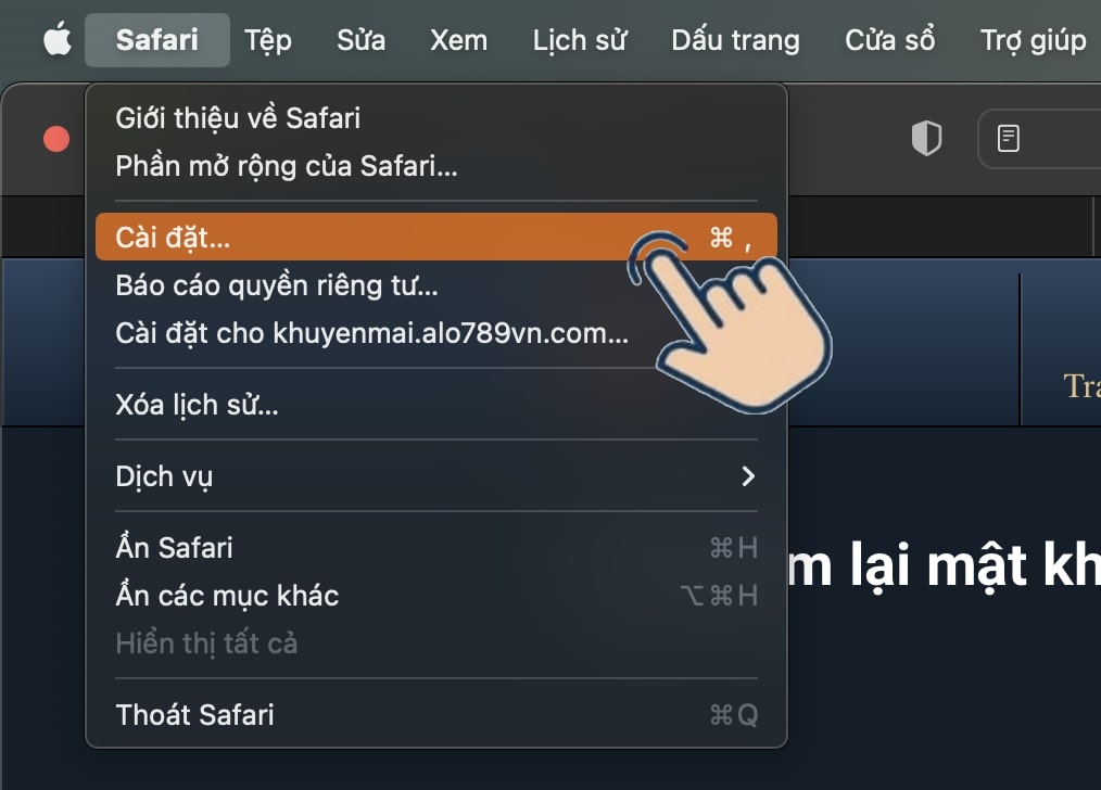 Trên thanh Menu Bar > Chọn Safari > Chọn Preferences