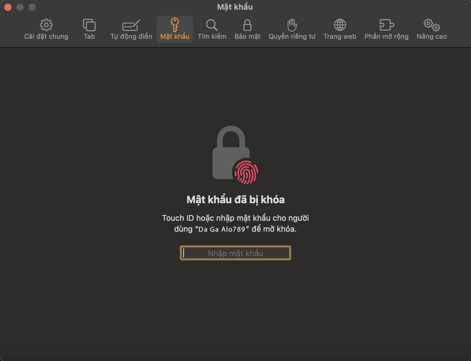 Chọn thẻ Password > Nhập Mật khẩu hoặc sử dụng Touch ID